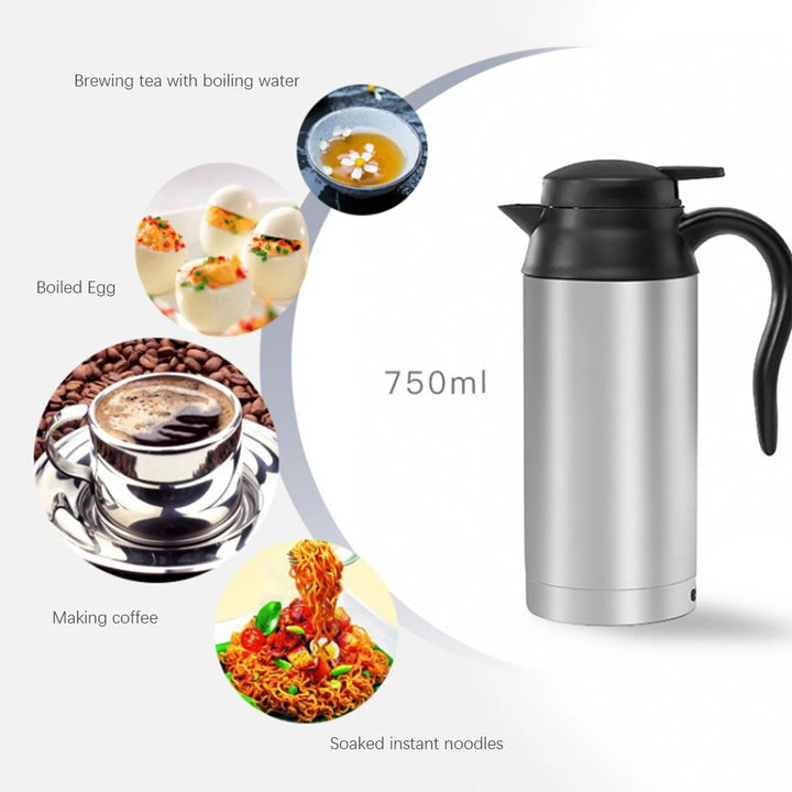 12V/24V Electric Heating Cup Kettle Stainless Steel Water Heater Bottle for Tea Coffee Drinking Travel Car Truck Kettle 750ML