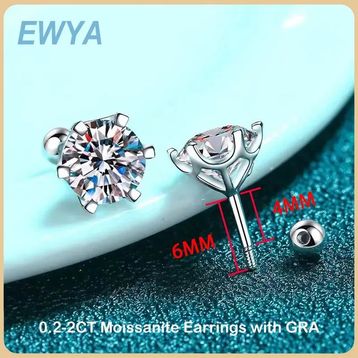 EWYA 0.5-2ct Moissanite Screw Stud Earrings D Color 925 Sterling Silver 6 Prong Diamond Earrings For Women Wedding Fine Jewelry