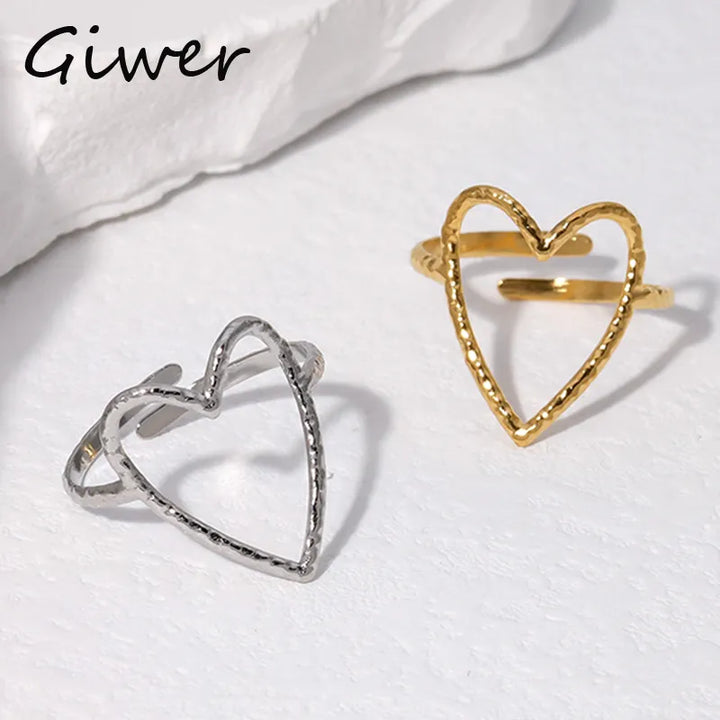 Hollowed-out Love Heart Stainless Steel Ring for Women Girls Aesthetic Exquisite Open Finger Ring Fashion Romantic Jewelry Trend