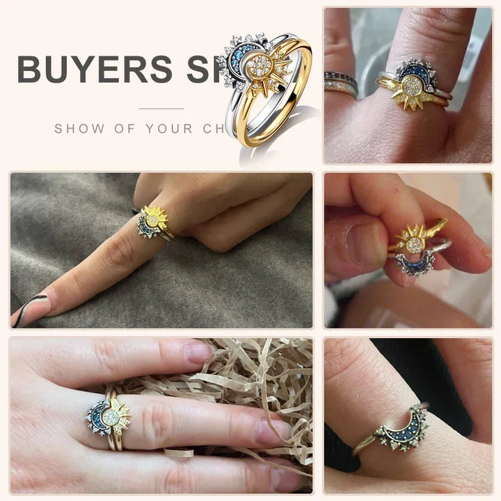 Summer Celestial Blue Sparkling Moon Sun Ring For Women Cocktail Stackable Finger Band Fashion Silver 925 Fine Jewellry Crystal