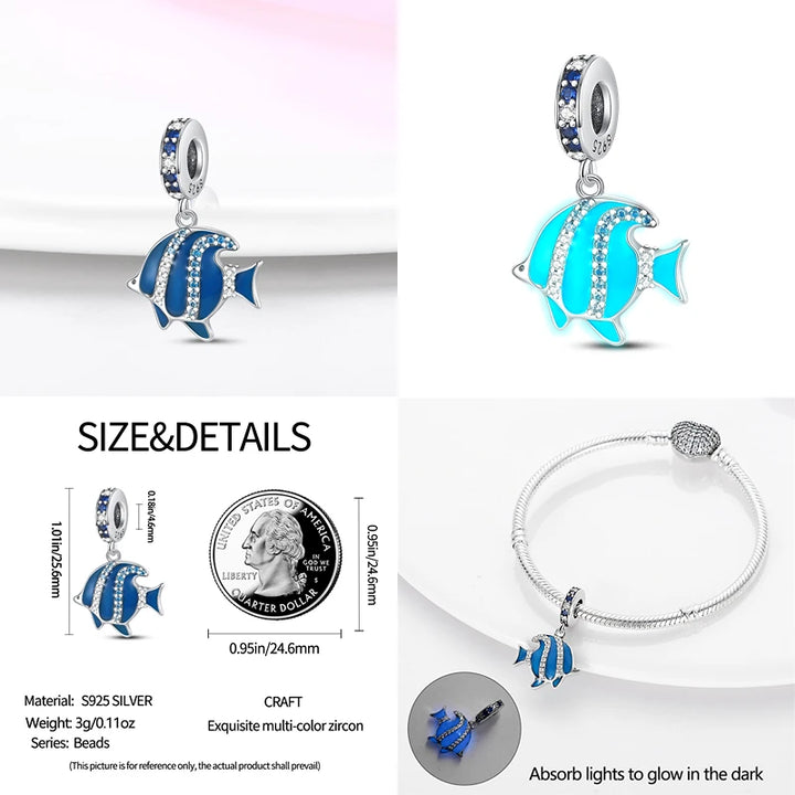 Charms Fit Pandora Original Bracelet 925 Silver Luminous Octopus Blue Sea Series Turtle Shell Fish Charms DIY Jewelry Making