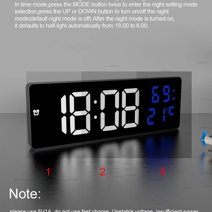 9“ Digital Wall Clock Large LED Screen Temperature Humidity Display Electronic Alarm Clock Home Decoration 12/24H Table Clock